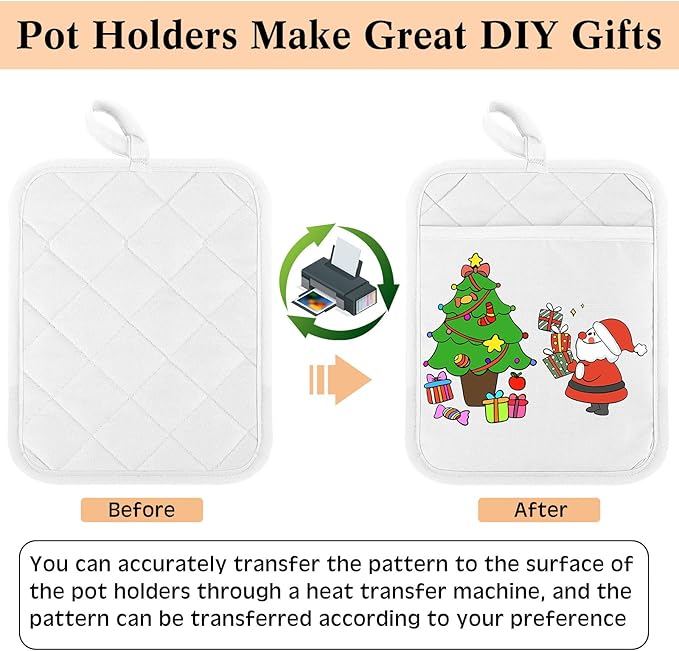 Hoolerry 20 Pieces Pot Holders with Pocket Sublimation 7x9'' Cotton Oven Pot Holders Bulk with Hanging Loops Pads for Kitchen Cook Baking (White)