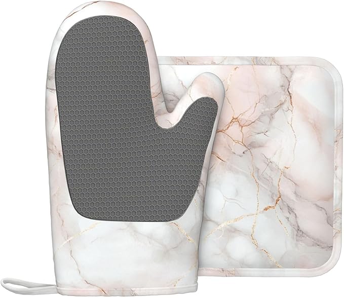 Oven Mitts and Pot Holders Pastel White Pink Marble Silicone Kitchen Accessories Set of 2 Heat Resistant Long Gloves Potholder Non-Slip Grip for Chef Cooking,Baking,Grilling,BBQ