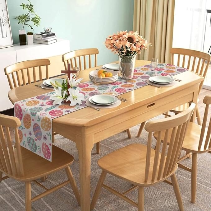 Nepnuser Linen Happy Easter Table Runner Spring Easter Egg Decoration Farmhouse Home Dining Room Kitchen Table Decor (13" x 36")