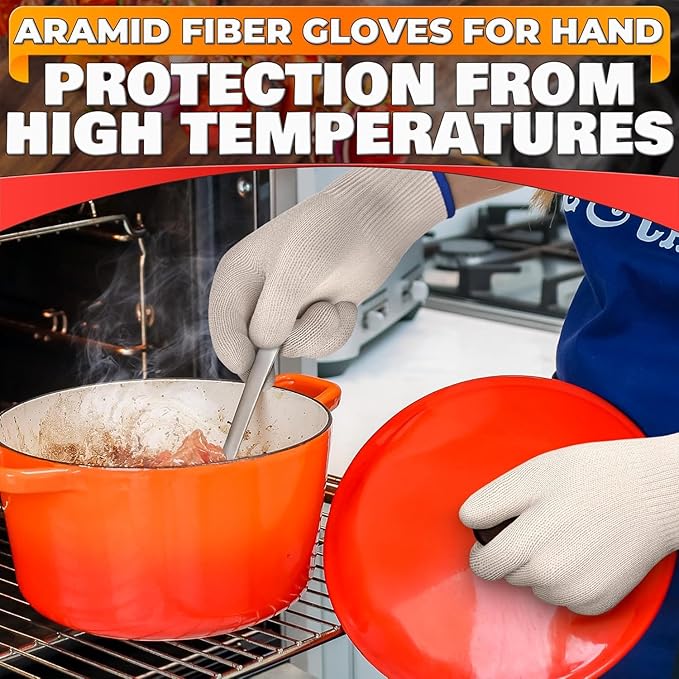 Heat Resistant Gloves for Cooking & Grilling – Aramid Oven Mitts Gloves with Fingers, Short-Term Hand Protection up to 932°F and Secure Grip for Baking, Fryer, and BBQ