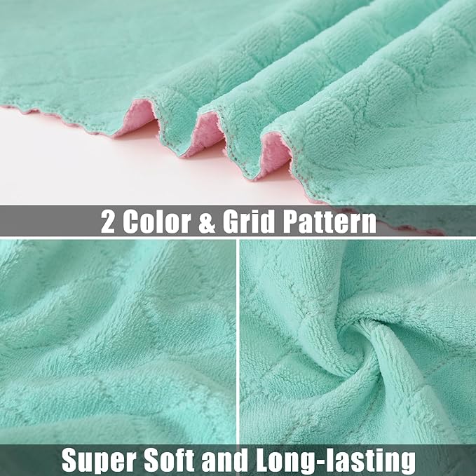 Mordimy 24 Pack Kitchen Towels (20" x 10", Green & Pink), Super Soft and Absorbent Dish Towels, Coral Velvet Microfiber Cleaning Cloth, Nonstick Oil Fast Dry Dish Cloths