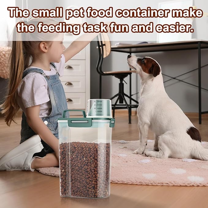 TBMax Small Dog Cat Food Storage Containers 2 Pack, Travel-Friendly Pet Food Container with Spout & Measuring Cup, Portable Pet Feeding Dispenser, Bird Seed Container-Dark Green