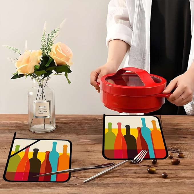 Abstract Wine Pot Holders 2 PCS,Kitchen Heat Resistant Potholder for BBQ Cooking Baking,Food Hot Pad for Women Men
