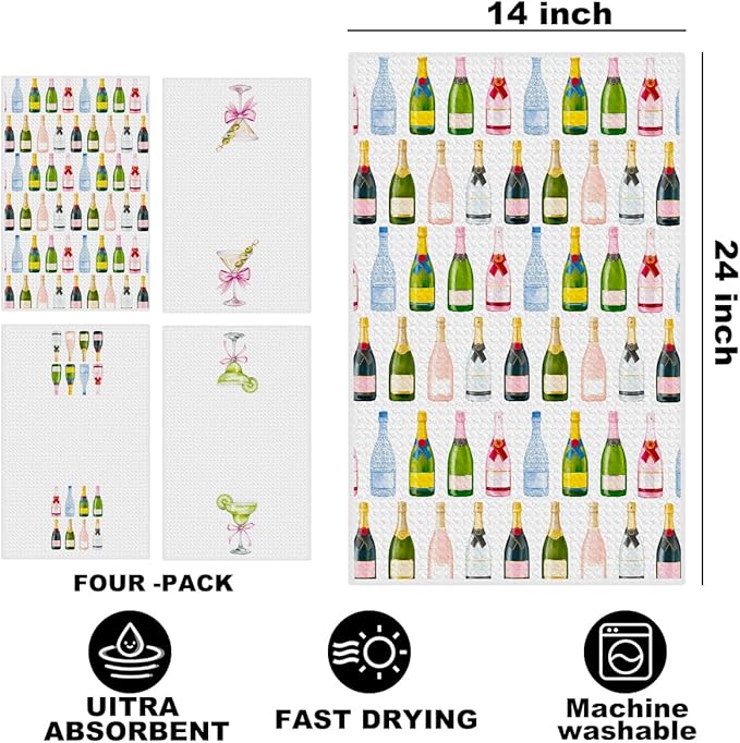 4 Pcs Dirty Martini Gifts Kitchen Towels 24x14 Inch, Hostess Gift Reusable Dish Towels for Kitchen Decor, Cocktail Gift Waffle Weave Hand Towel, Champagne Accessories, Champagne Lovers Gifts for Women