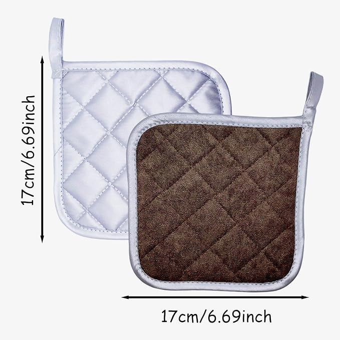 2pcs Cotton Heat Resistant Mat Pads for Baking Cooking Oven 6.7in Basic Square Pot Holder Multipurpose Quilted Liner Little Trivet Cloth Potholder for Kitchen Warming Buffets Party (Brown & Silver)