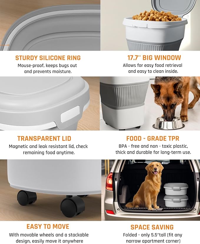 HOYTAMDAR 28-30Lbs Dog Food Storage Container, Collapsible Dog Food Container with Lid,Multifunctional Pet Food Storage Container for Dog,Cat,Rice,Flour,Pet Food Scoop and Small Container