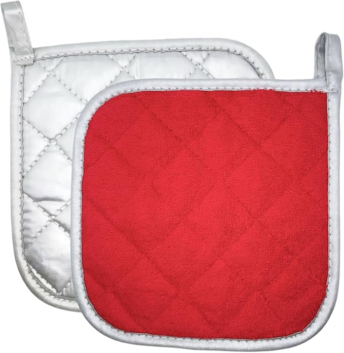 2pcs Cotton Heat Resistant Mat Pads for Baking Cooking Oven 6.7in Basic Square Pot Holder Multipurpose Quilted Liner Little Trivet Cloth Potholder for Kitchen Warming Buffets Party (Red & Silver)