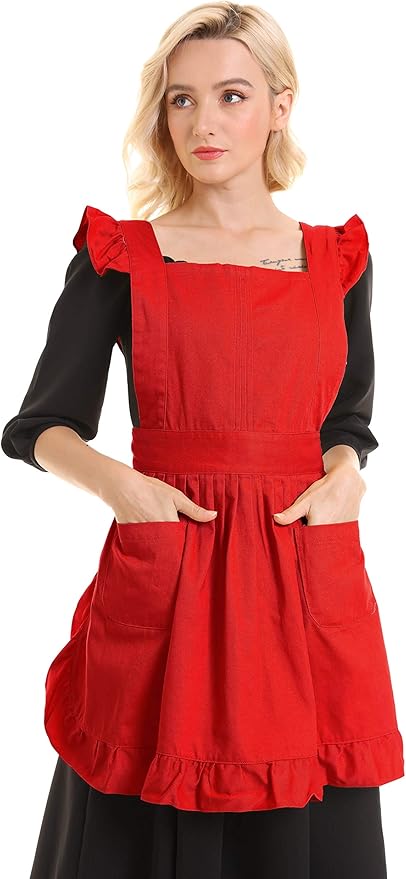 Retro Adjustable Ruffle Apron Kitchen Cooking Baking Cleaning Maid Costume (Red)