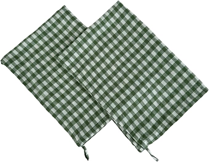 Eight Owls Stonewashed Linen Kitchen Dish Towels - 20 x 27 inch – 100% Pure Linen Tea Towel/Hand Towel - Set of 2 (Green Check)