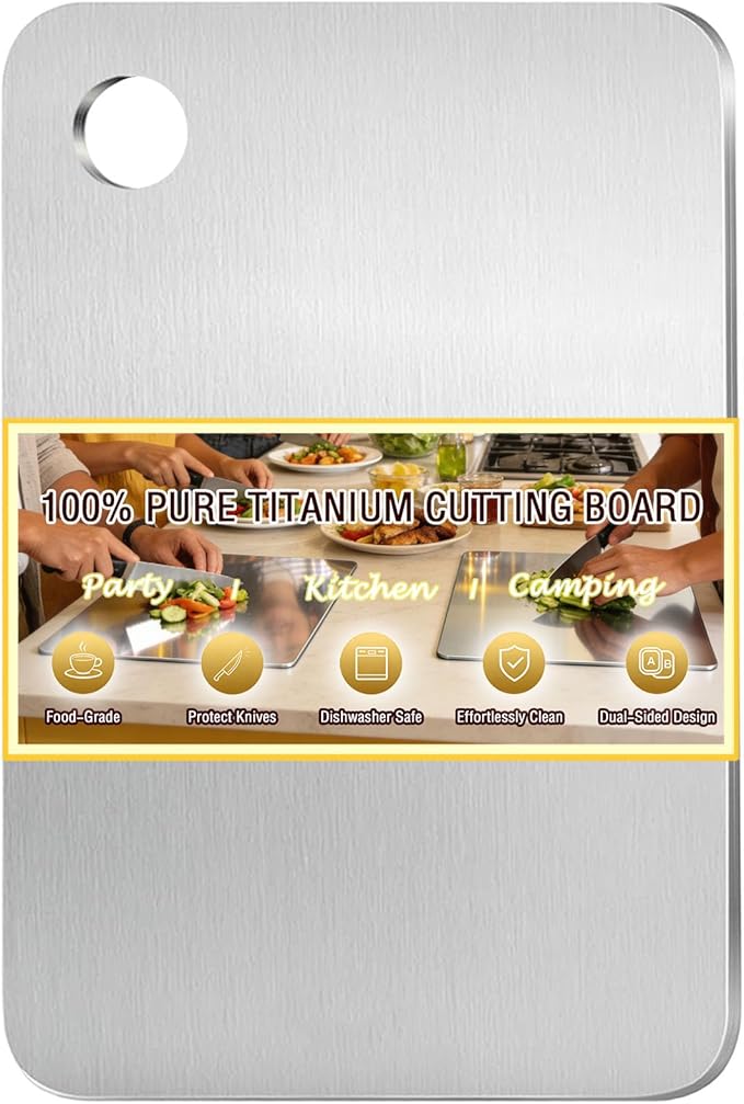 100% Pure Titanium Cutting Board, Titanium Cutting Boards for Kitchen Dishwasher Safe, Food-Grade Metal Meat Chopping Board Mat for Cooking Tasks and Outdoor Charcuterie Party (M, 11.81”×7.68”)