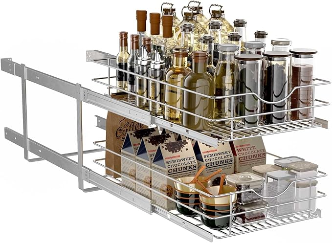 2 Tier Pull Out Cabinet Organizer,(14½"W x 22" D) Soft Close Slide Out Drawer For Kitchen Base Cabinet, Individual Pull Out Shelf, Roll Out Pantry Organization, 22 Inch Deep