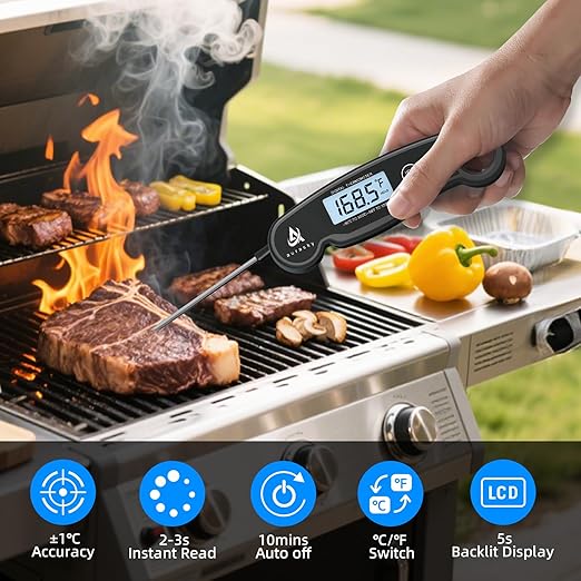 Instant-Read Meat Thermometer Digital for Cooking and Grilling, Waterproof Food Thermometer with Backlight, Calibration & Hold Function for Kitchen, BBQ, Deep Fry, Candy, Liquid (Black)