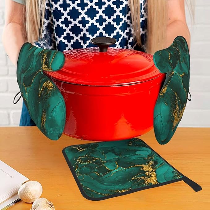 Turquoise Marble Oven Mitts and Pot Holders Sets of 3 Emerald Dark Green Hot Pads Heat Resistant Non Slip Washable for Cooking Grilling Baking BBQ Kitchen Decor