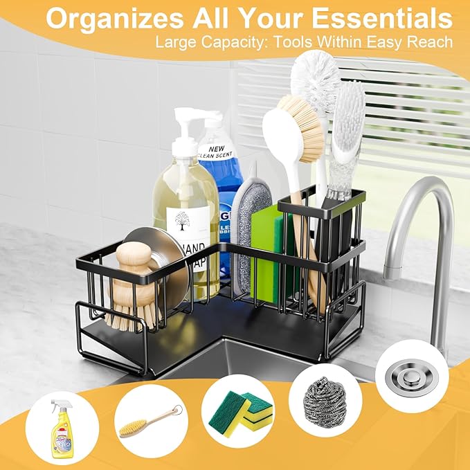 TEAMOLA L-Shaped Kitchen Sponge Holder, Extra Large Sponge Caddy for Sink, Black Sponge Caddy for Kitchen with Brush Holder, Metal Kitchen Countertop Organizer Essentials for Sink Sponge Caddy
