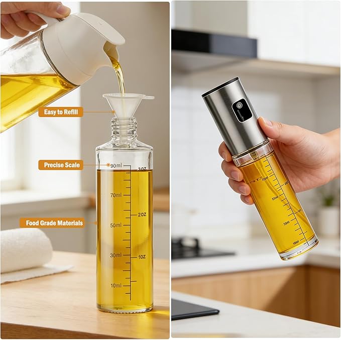 Oil Sprayer for Cooking, Upgraded 8 Pack Refillable Olive Oil Spray Bottle Mister with Brush for Air Fryer Oil Vinegar Portable Glass Kitchen Gadget for BBQ, Salad, Roasting, Grilling Local Stock