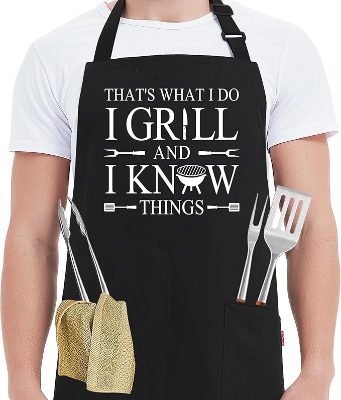 Kaidouma Funny BBQ Grilling Aprons for Men - Men's Kitchen Chef Cooking Aprons with 2 Pockets and 40” Long Ties - That's What I Do I Grill and I Know Things