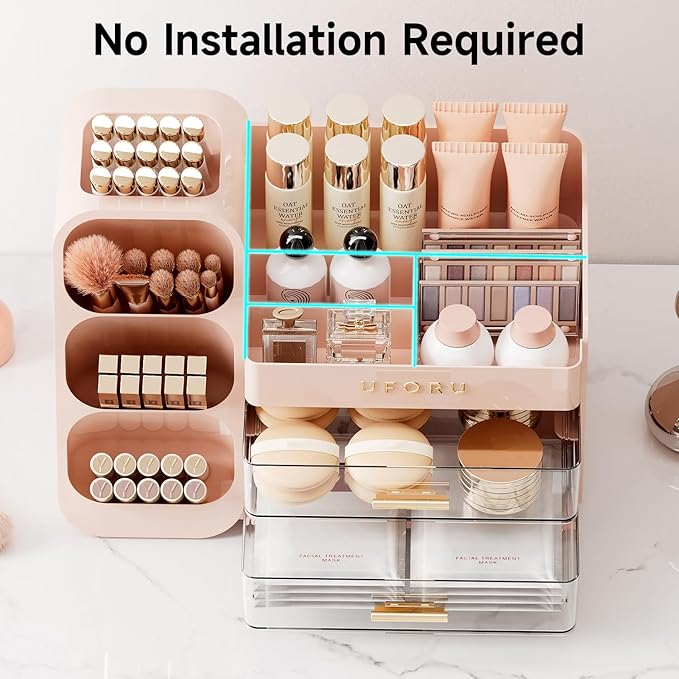 Makeup Organizer for Vanity with Brush Holder, Large Plastic Bathroom Countertop Skincare Organizer with 2 Drawers, Spacious Cosmetic Display Case for Perfumes, Eyeshadow Palettes, Nail Polishes