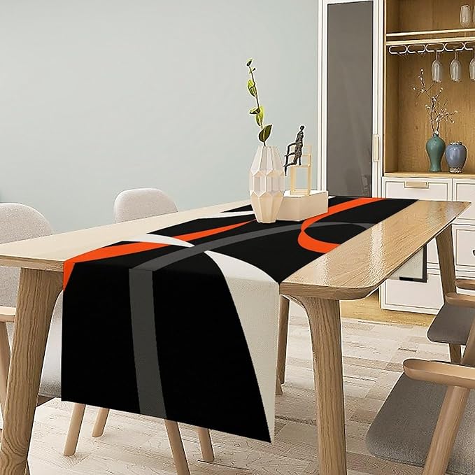 Abstract Orange Geometric Table Runner Grey and White Striped Black Background Modern Kitchen Dinner Runner for Indoor Home Living Room Party Dining Table Decoration 13"x72"