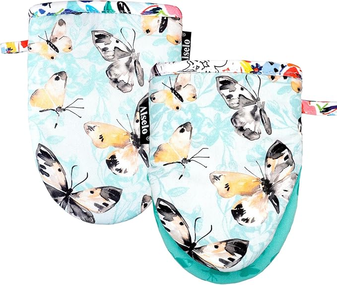 Alselo Mini Oven Mitts,2pk - Silicone Little Kitchen Gloves, Heat Resistant with Non-Slip Grip and Soft Quilted Cotton Lining for Safe Backing Cooking Barbecue (Turquoise, Butterfly)