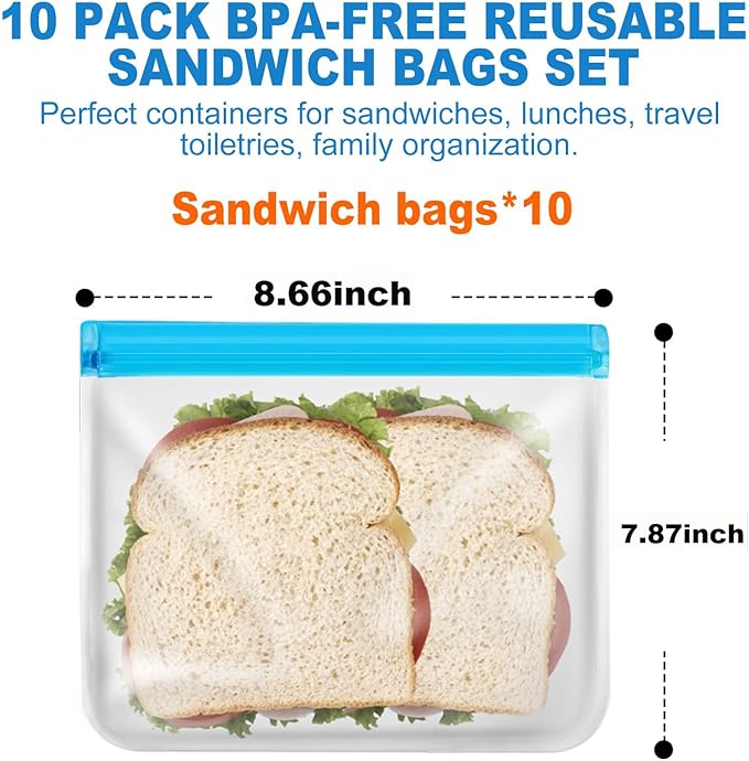 10 Pack Reusable Snack Bags, Extra Thick BPA Free, Dishwasher & Freezer Safe Food Storage Bags for Lunch, Snacks & Home Organization (Blue, 10 Pack Sandwich Bags)
