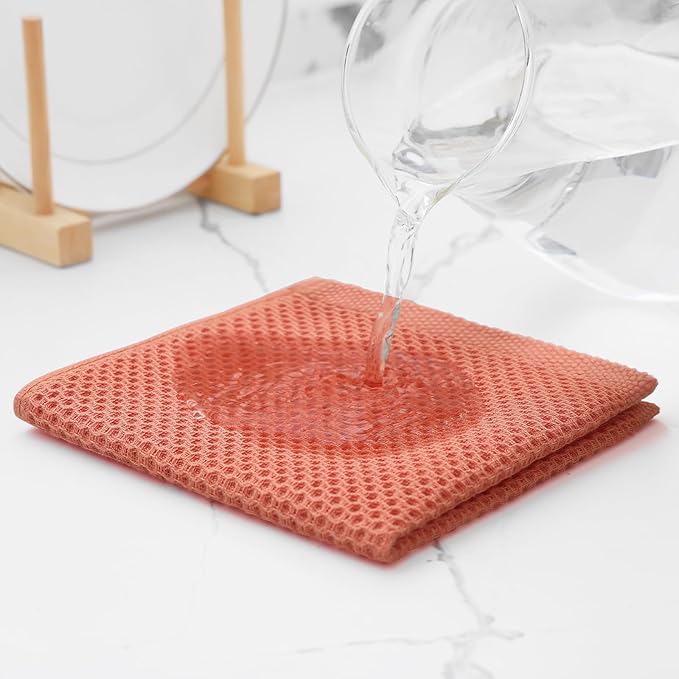 Kitinjoy 100% Cotton Kitchen Dish Cloths (12 X 12 Inches, Coral), 6 Pack Waffle Weave Ultra Soft Absorbent Dish Towels for Drying Dishes Quick Drying Kitchen Towels Dish Rags