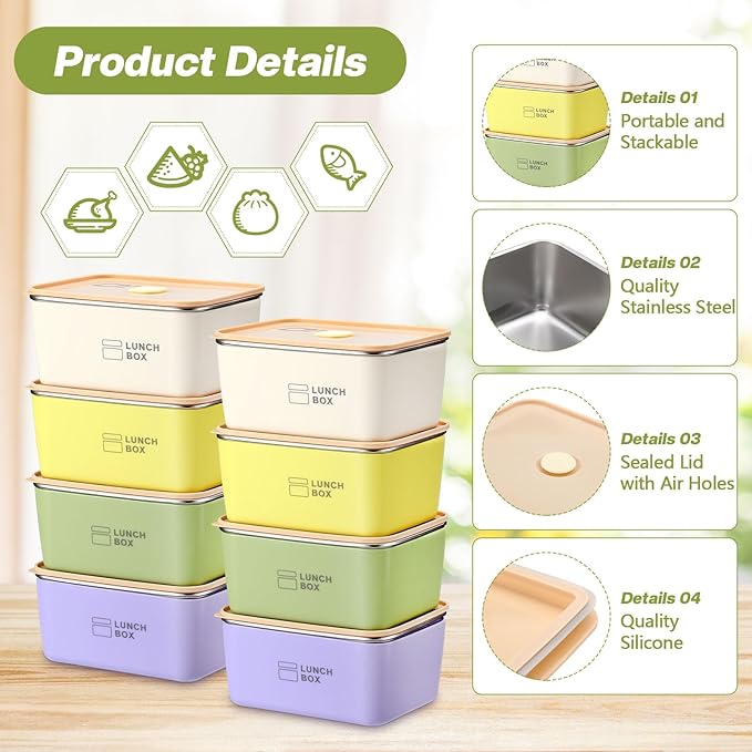 Blushtier 8 Pcs Stainless Steel Food Storage Containers with Lids 20 oz Metal Snack Containers Box for Dishwasher Freezer & Microwave Safe, Stainless Steel Lunch Box for Meal Prep, Leftovers