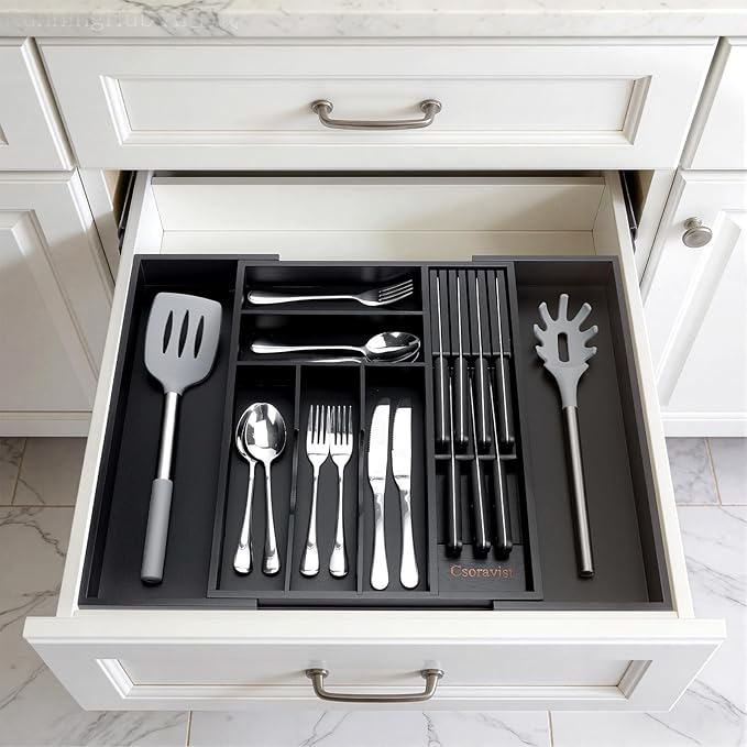 9-Piece Bamboo Kitchen Drawer Organizer Set, Expandable Silverware &Utensil Organizer with Removable Knife Block & Steak Knives, Flatware Organization, Tableware Dividers Storage(Black)