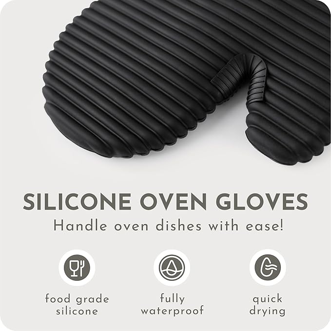 Extra Long Silicone Oven Mitts | Heat Resistant 500°F BPA-Free Food Grade Silicone Kitchen Mittens | 2-Piece Set of Oven Gloves Kitchens- Black