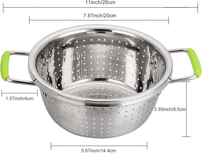 Stainless Steel Deep Colander Micro-perforated 2.5 Quart Metal Food Strainer with Green Silicone Handles for Draining Pasta Cleaning Food like Fruit