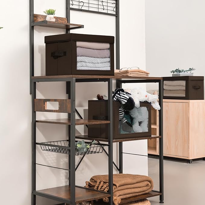 Homsorout Stackable Storage Bins with Lids - Medium Storage Box with Lids, Foldable Closet Boxes for Organizing, Wardrobe Clothes Organizer with Window, Cubes Bins for Living Room, 5 Pack, Brown