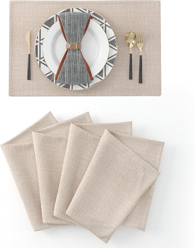 Set of 4,Soft Caddice Faux Linen 2 Side Place Mats Heat Resistant Dining Table Place Mats Kitchen Table Mats 12 x 18 Natural Linen