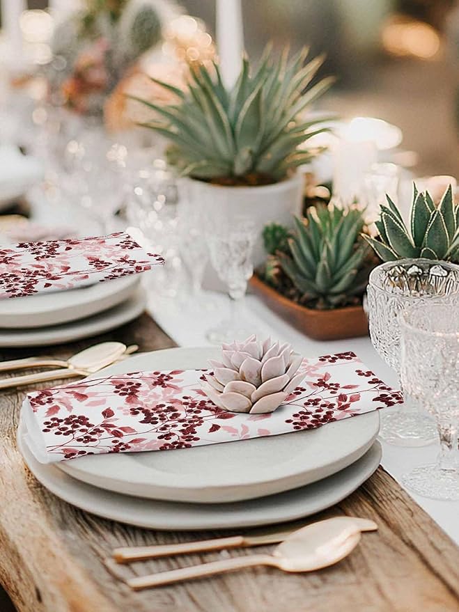 Red Herb Cloth Napkins Set of 6 - Washable Dinner Napkins Reusable Table Napkins for Home Party Weeding Dining Table Setting Decoration,Oversized Floral Watercolor Spring Summer Wild Flower Plant
