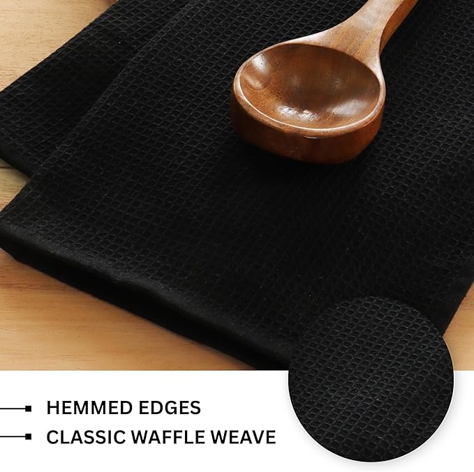 PurpleEssences Waffle Weave Kitchen Towel, 100% Cotton - 15x25 Inches with Hanging Loop, Ultra Soft Absorbent Quick Drying Dish Cloth, Tea and Hand Towels, 6 Pack - Spring Easter Summer - Black