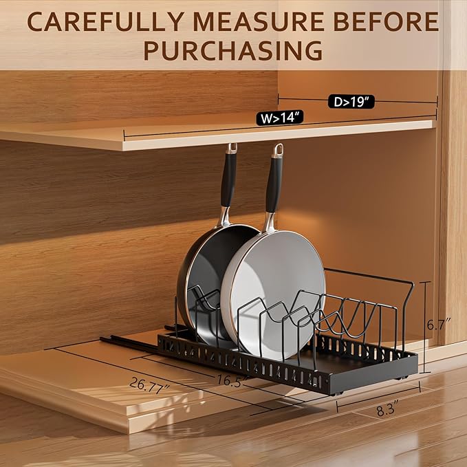 Pots and Pans Organizer Under Cabinet, Pull-out Pots and Pans Organizer, Under Cabinet Pot Lid Holder, Sliding type Pots and Pans Storage with 8 Adjustable Dividers & Handle Bracket - Black
