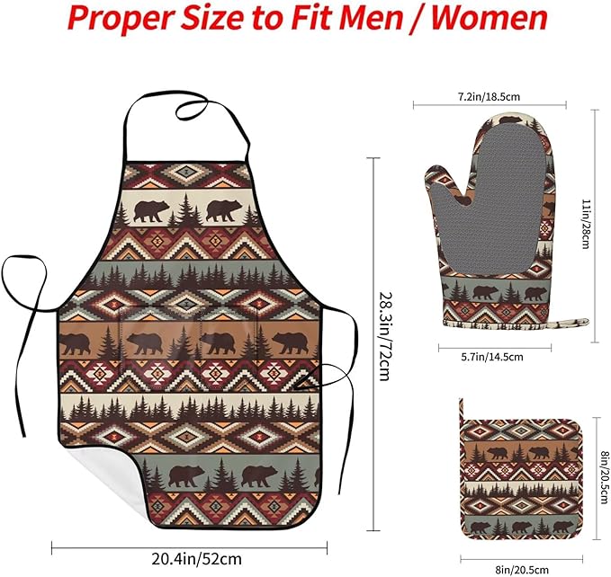 Vintage Rustic Bear Oven Mitts Bear Mountain Pot Holders Country Cabin Themed Cooking Apron Set of 5 Silicone Kitchen Glove Apron Non-Slip Heat Resistant for Chef Baking Cooking Grilling