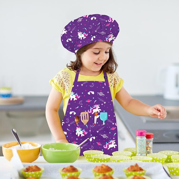 Kids Chef Hat and Apron, Adjustable Kids Aprons with Pocket Girls Boys Kitchen Toddler Aprons for Cooking Baking