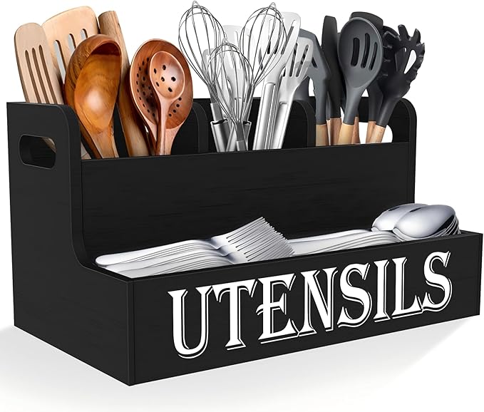 Suli Kitchen Utensils Holder, Wooden Utensil Organizer for Kitchen Countertop, Farmhouse Utensil Storage, Rustic Cooking Utensils ,4 Compartments,- Black