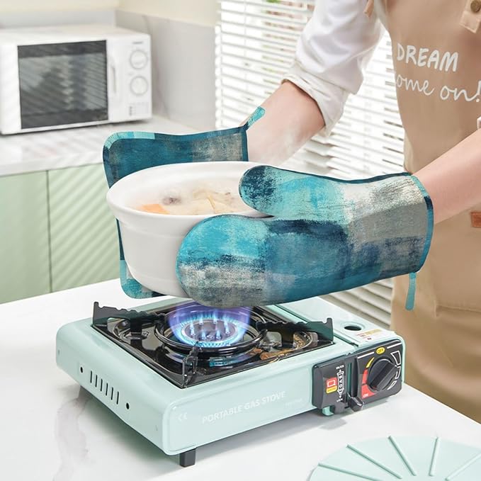 Modern Art Abstract Gery Turquoise Oven Mitts and Pot Holders Sets Silicone Turquoise Kitchen Mitts Potholders Heat Resistant 4Pcs Teal Oven Gloves Hot Pads for Kitchen Baking Cooking BBQ