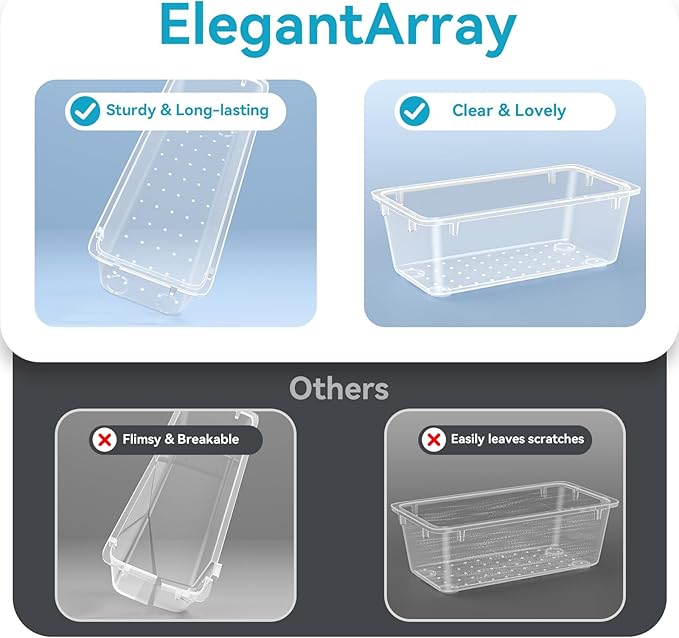 ElegantArray 12 PCS Drawer Organizer Set, 4 Sizes Tool Storage Trays, Clear Plastic Makeup Vanity Organizer and Storage Bins for Makeup, Stationeries, Multiple Gadgets for Bathroom, Office, Bedroom