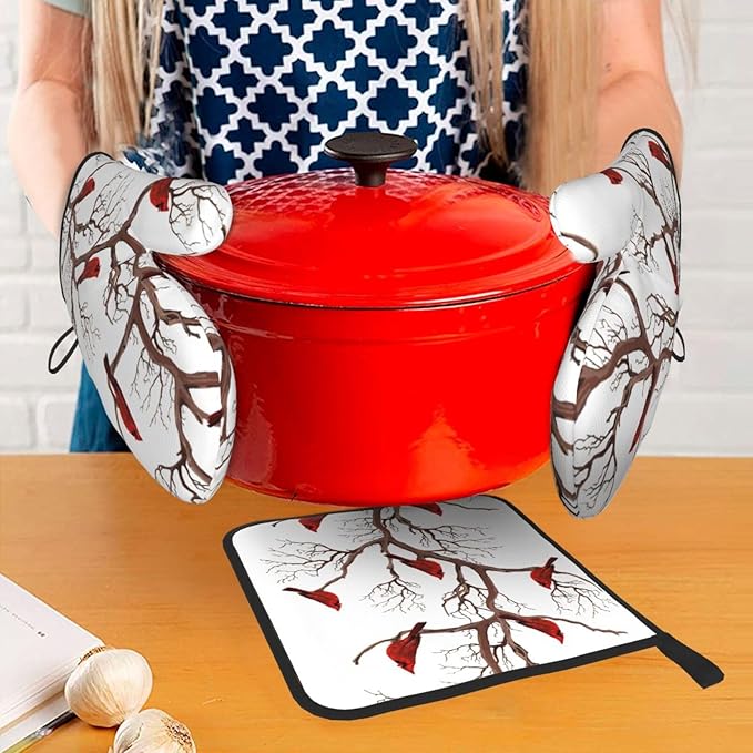 Winter Cardinal Birds Oven Mitts and Pot Holders Sets of 3 Kitchen Hot Pads Oven Gloves Heat Resistant Washable for Cooking Grilling Baking Christmas Holiday Kitchen Decor Cardinal Gifts for Women