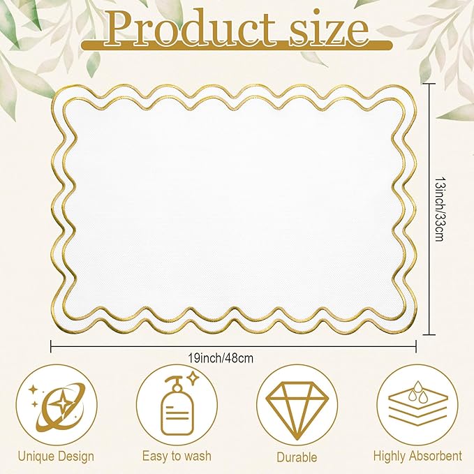 HunnmingRe Set of 6 Cotton Linen Placemats, 13x19 Inch Scalloped Wavy Embroidery Placemat Double Layered Washable Rustic Rectangle Dinner Table Mats for Wedding Home Decor(White with Gold)