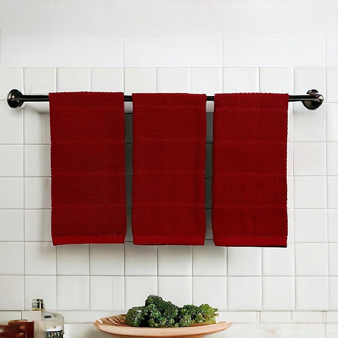 Maroon Dark Red Brick Red Kitchen Hand Dish Towels: Oversized 28" x 18",100% Cotton Cloth Soft Cleaning Drying Absorbent Textured Design, Set of 3 Multipurpose for Everyday Use (Brick Red)