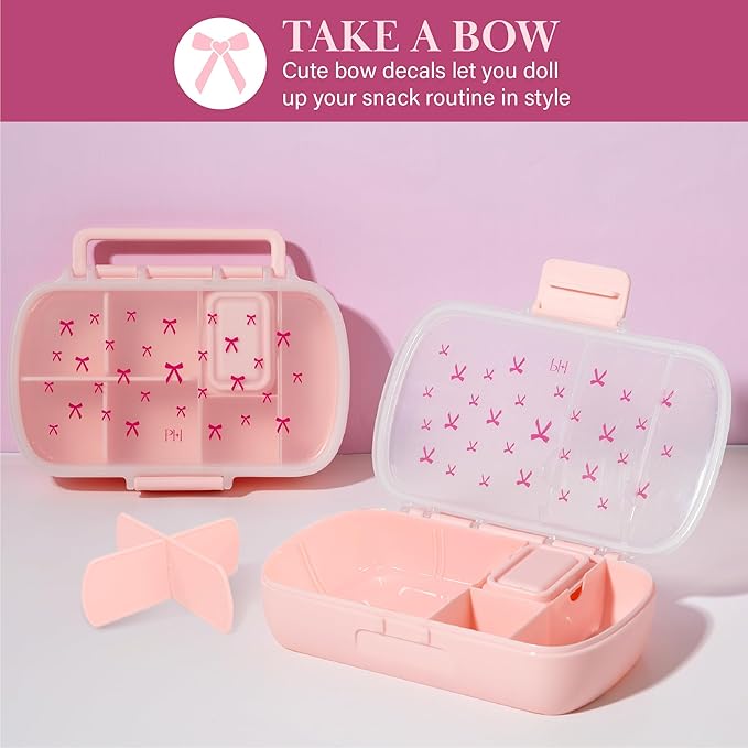 Paris Hilton 2-Pack Bento Style Snack Boxes, 7-Compartment Lunch Containers with Built-In Phone Stand, Removable Dividers and Dip Containers, Pink Bow Print