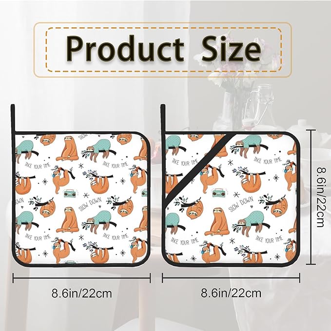 Funny Sloth Pot Holder Set of 2,Heat Resistant Potholders Oven Hot Pads for Kitchen Cooking Baking BBQ