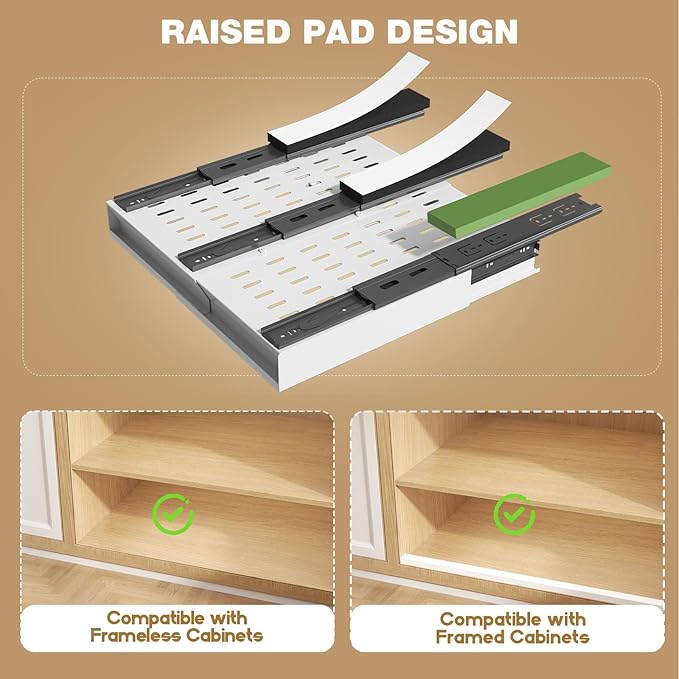 Seinloes 2 Pack Pull Out Cabinet Organizer With Raising Pad for Framed Cabinets,Expandable Width (11"-16") and Depth (13"-17"),3 Slide Rails Slide Out Drawers with Handle,No-Drill Roll Out Shelf,White