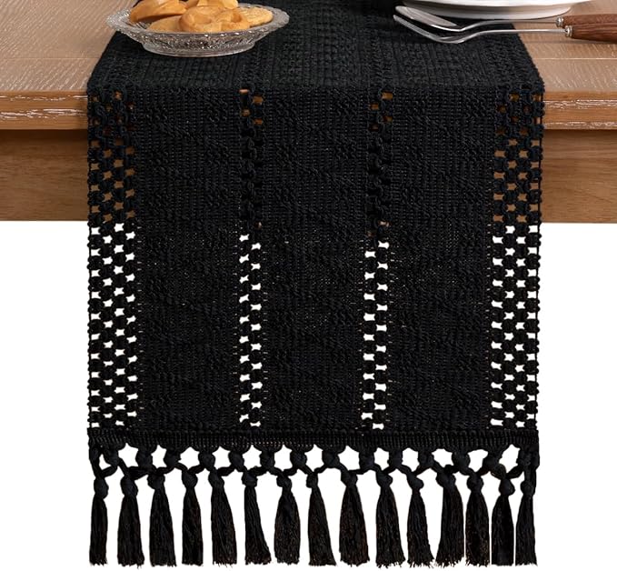 Socomi Boho Table Runner Easter Spring Farmhouse Rustic Dining Kitchen Centerpiece Decor Small Macrame Woven Cotton Linen Coffee Table Runner for Dresser Scarf Home Decor 12x48 inch Black