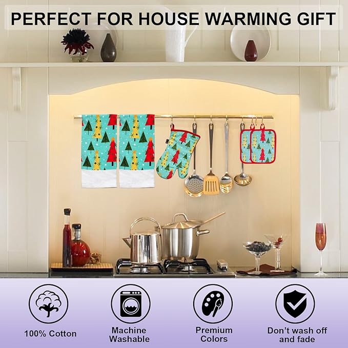 Oven Mitts and Potholders Dish Towles Set 100% Cotton for Perfect for Gifting, Baking and Everyday Cooking Durable Heat Resistant for Kitchen (5-Piece Christmas Tree)