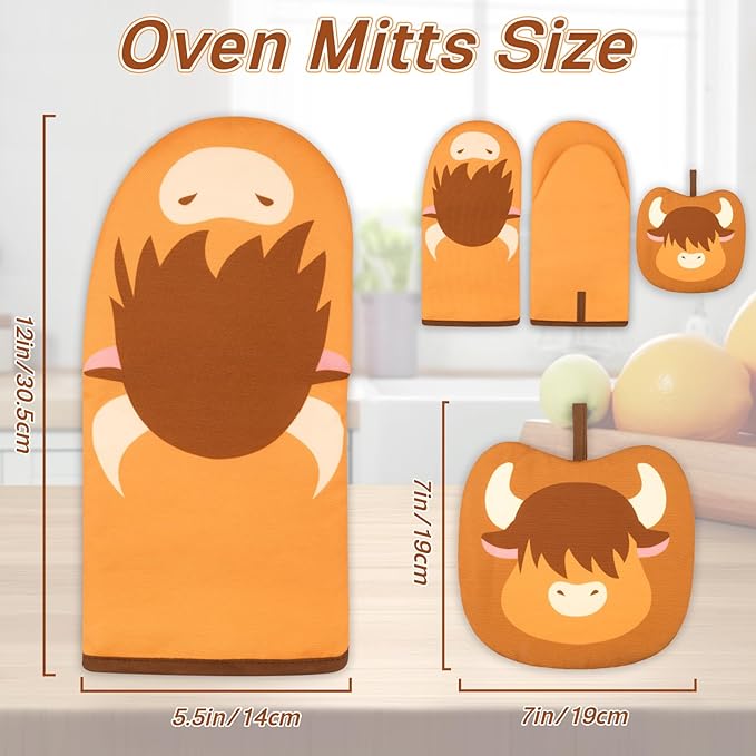 Oven Mitt, Cute Highland Cow Oven Mitts and Pot Holders Sets, Oven Mit Kitchen Mitts for Oven, Oven Mitts Heat Resistant Highland Cow Kitchen Decor & Gifts for Housewarming