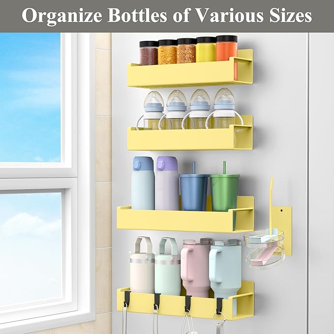 HuggieGems Magnetic Water Bottle Holder for Refrigerator, Cup Holder Organizer for Stanley and Tumbler for Kitchen, 4 Pack, Yellow