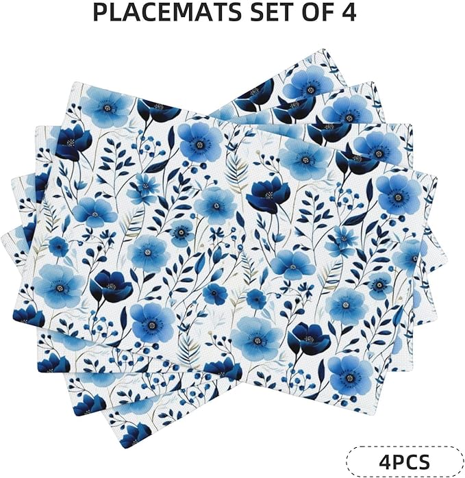 Blue Floral Watercolor Linen Placemats Set of 4, 12" x 18" Heat Resistant Washable Boho Blue Table Mats for Dining Table Kitchen Party Outdoor, Elegant Home Decor & Gift for Floral Nature Enthusiasts
